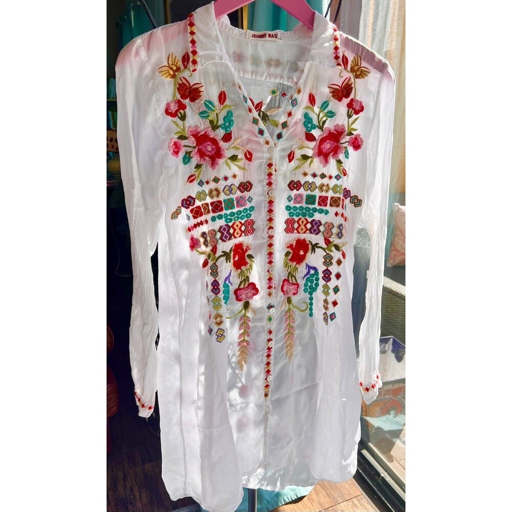Johnny Was Embroidered Long Sleeve Buttondown Tunic Dress Size S Fits To M White